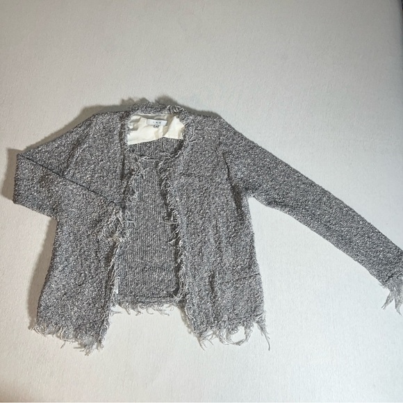 IRO Shavani Tweed Cotton Open Cardigan Blazer w/ Fringe, Light Grey EU Size 40 - Picture 1 of 8